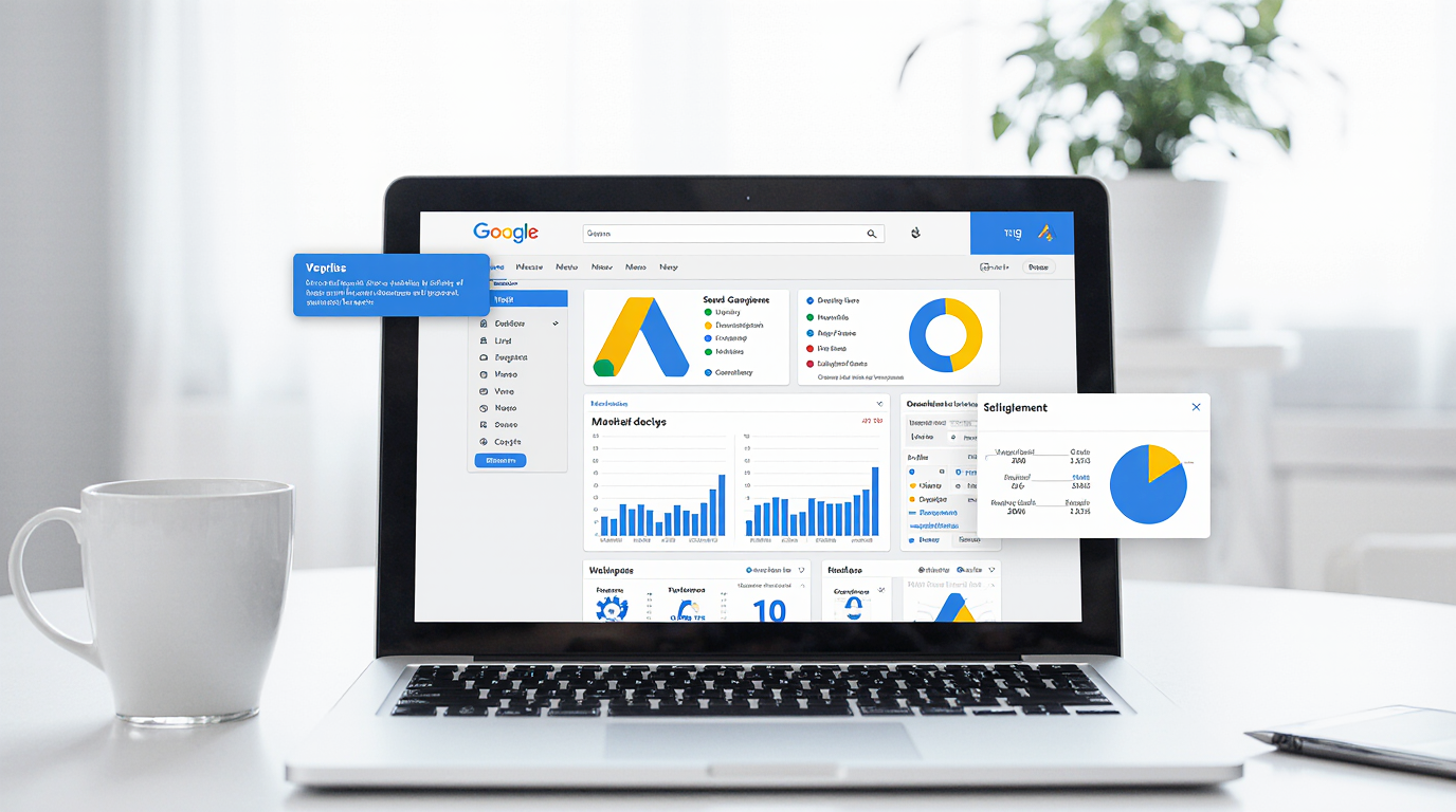 Google Ads reklam sistemi arayüzü, kampanya yönetimi, tıklama ve dönüşüm analizlerini gösteren dijital pazarlama ekranı